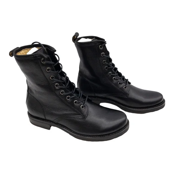 Frye Black Veronica Leather Lace Up Heeled Combat Boots 6.5 - Picture 5 of 12